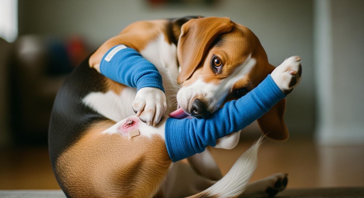 Dog wearing a protective anti-lick sleeve on hind leg