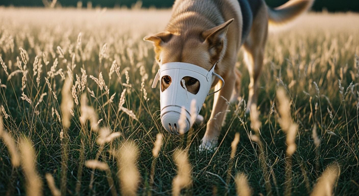 Dog walking through dry grass wearing a protective face mask