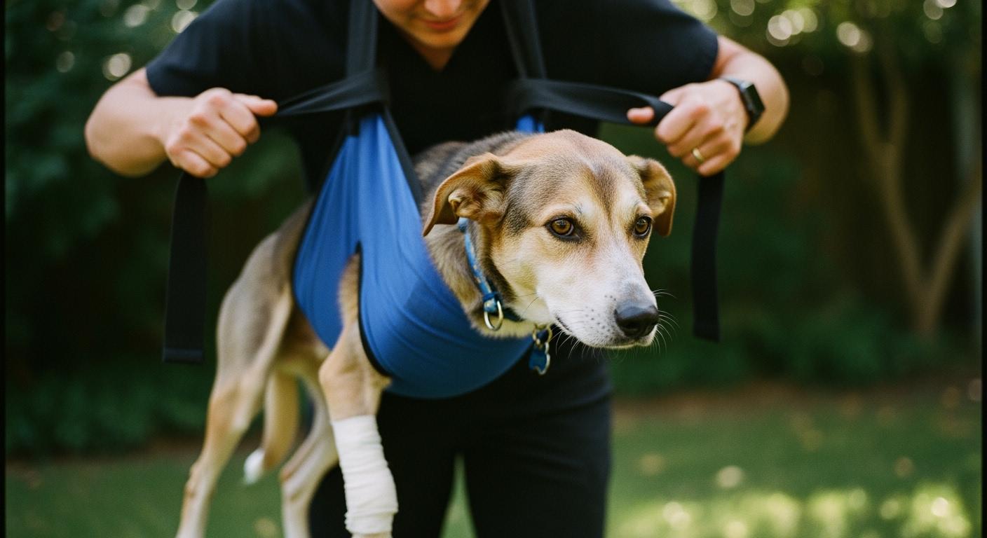 Dog using a lift sling during post-surgery potty break