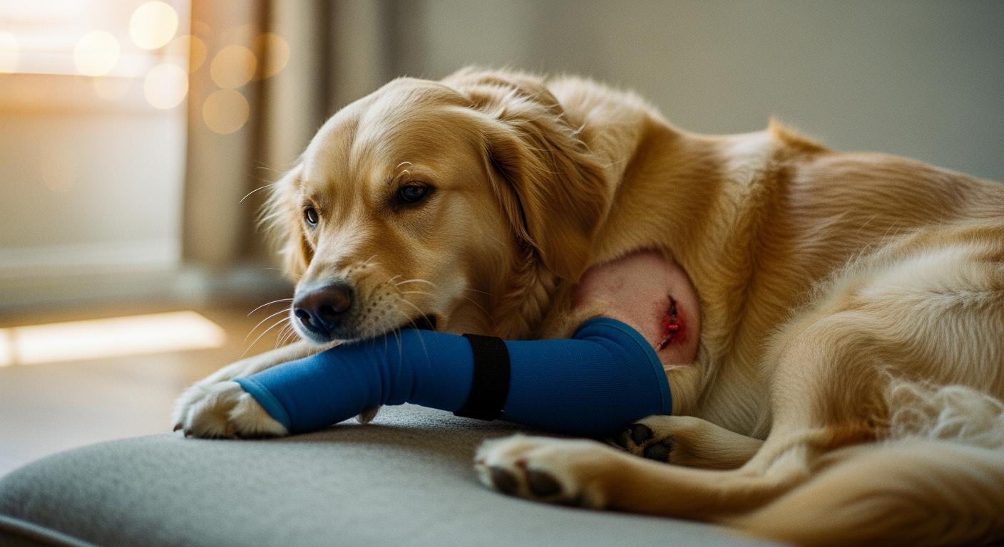 Dog wearing a recovery sleeve on a hind leg