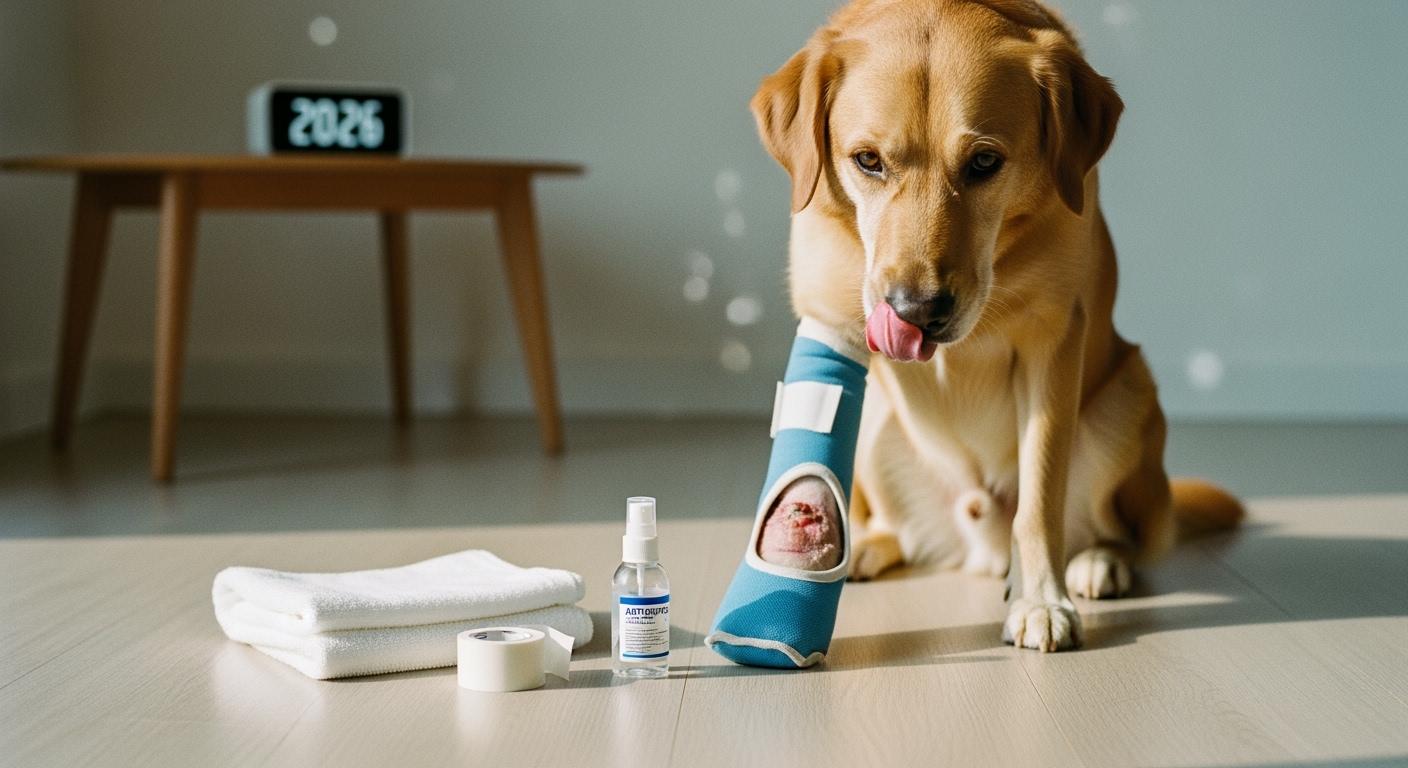 Dog wearing a protective recovery sleeve