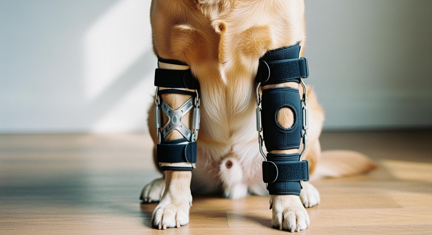Dog wearing a knee brace during a walk on a trail