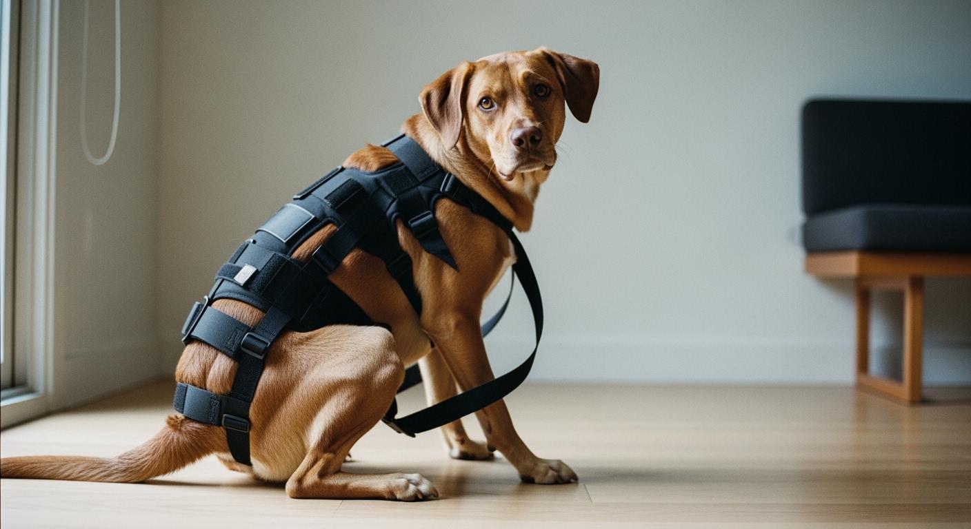 Dog wearing back brace standing still while handler checks strap position