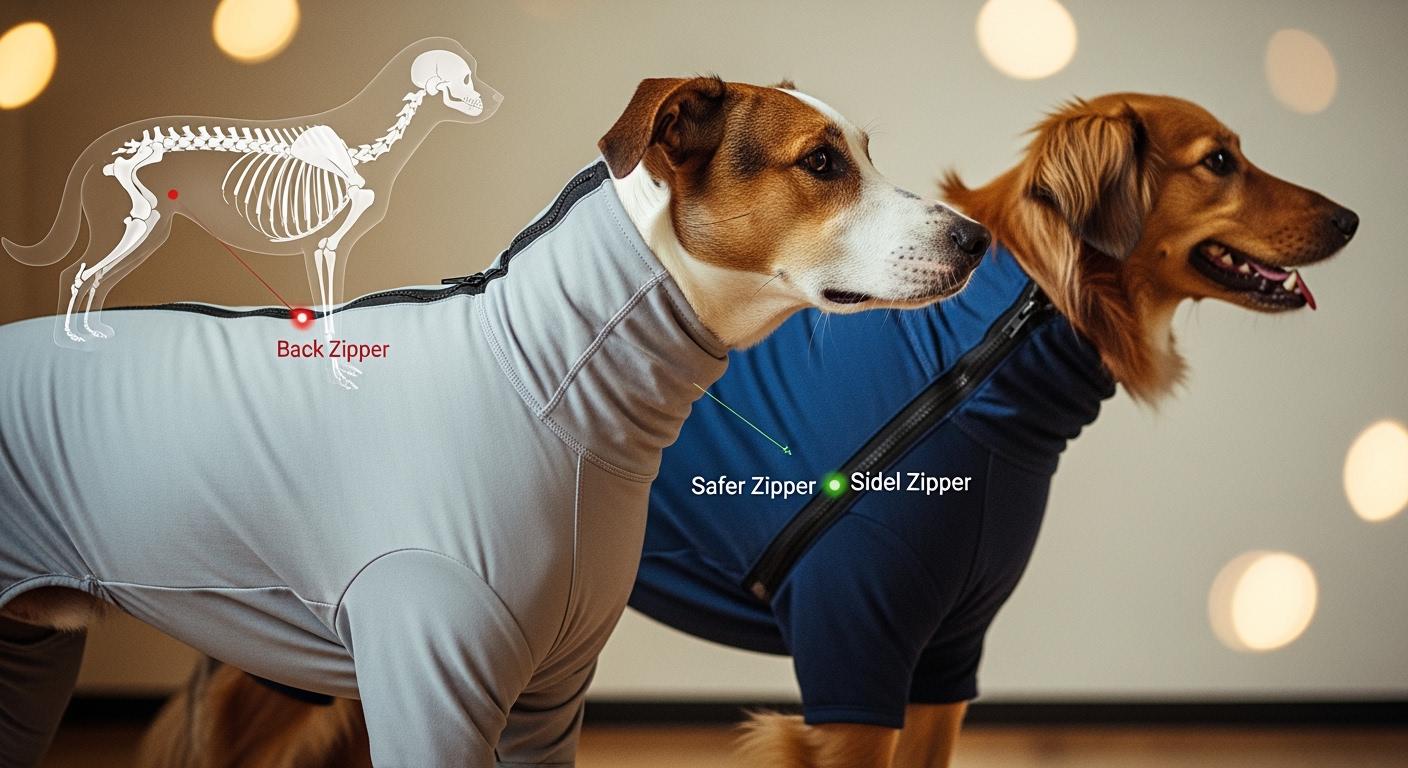 Dog in recovery suit showing zipper path along the back