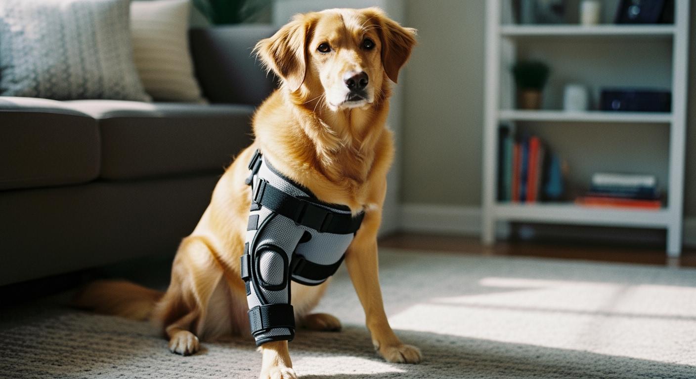 Dog knee brace showing hinge and strap configuration