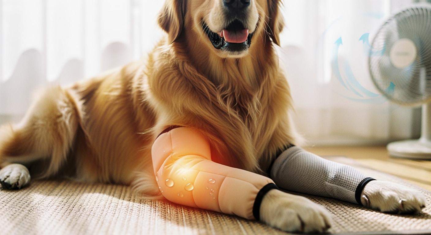 Dog wearing an elbow sleeve lying on a hard floor