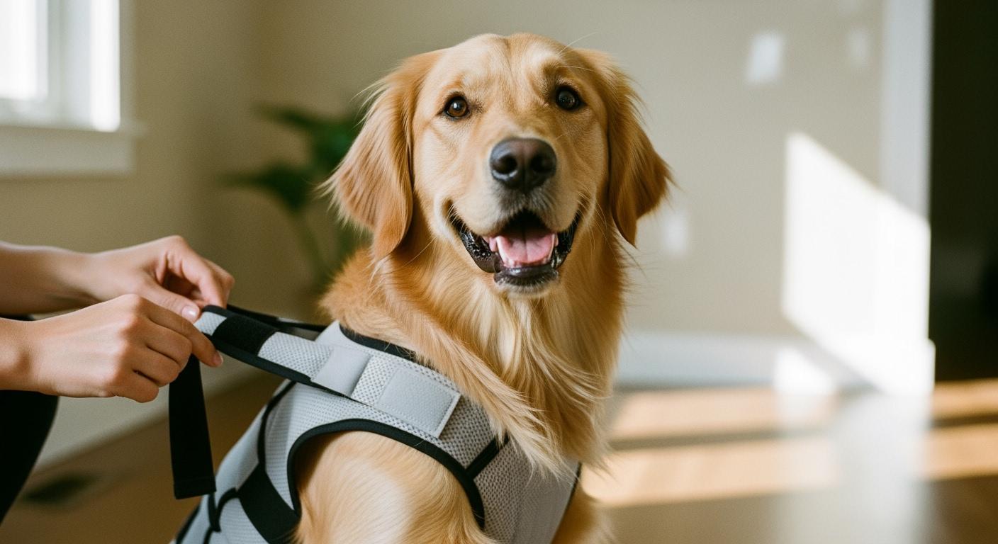 Dog wearing back support brace with shoulder strap visible