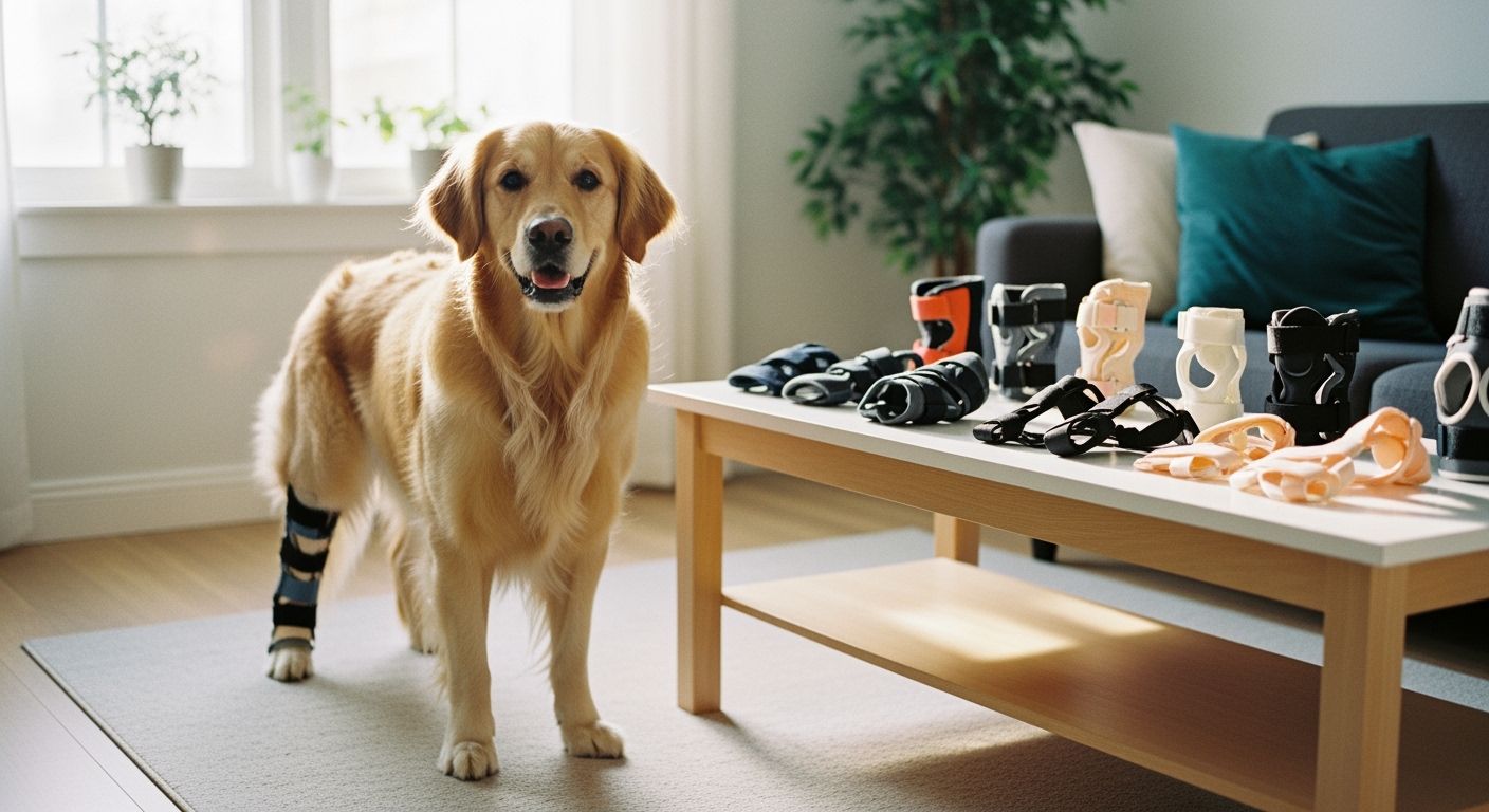Orthopedic dog brace product line showing structural tier comparison across soft, reinforced, and rigid support categories
