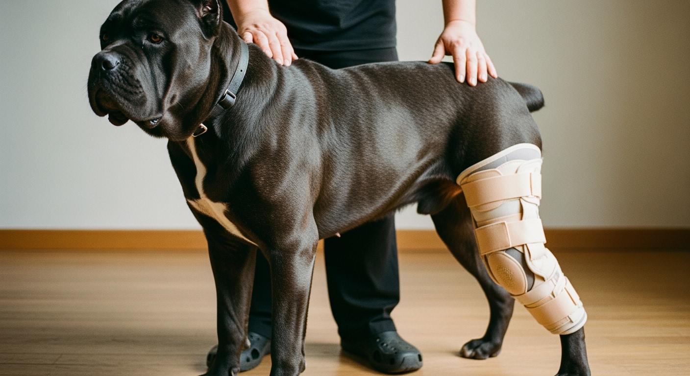 Dog knee brace positioned on a standing dog with tapered hind leg for fit assessment