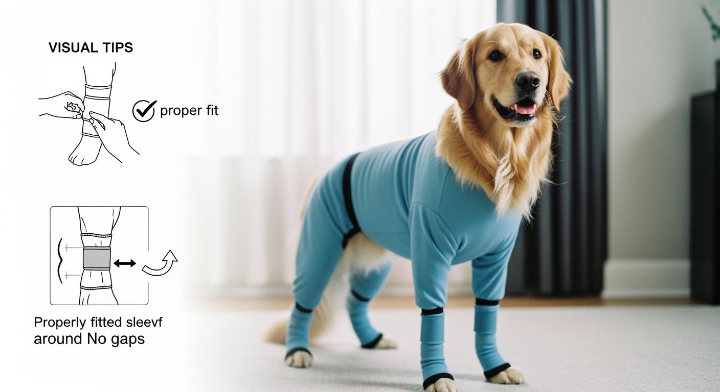 Dog wearing a four-leg recovery suit with sleeve cuffs