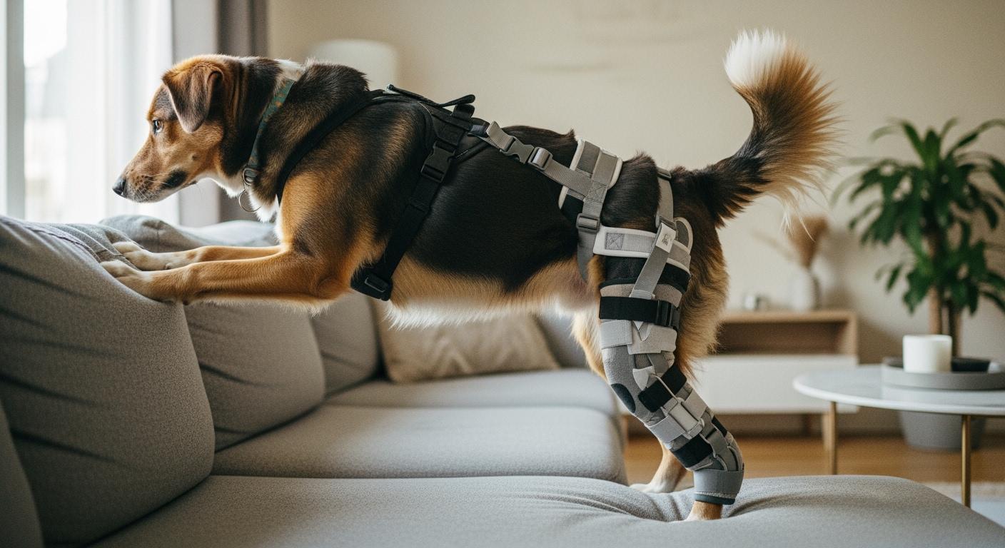 Dog wearing a knee brace during movement on a couch