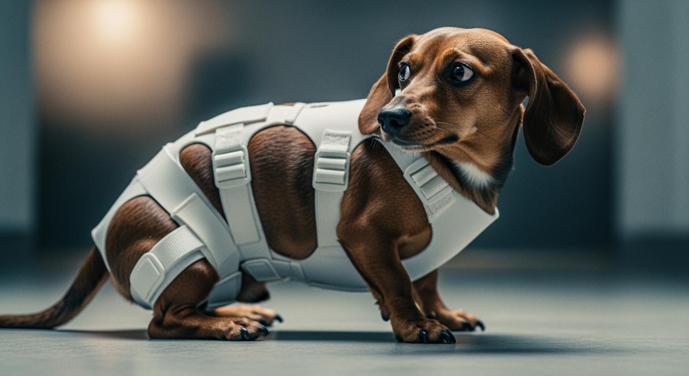 Dog wearing an IVDD back brace, pausing before a doorway turn