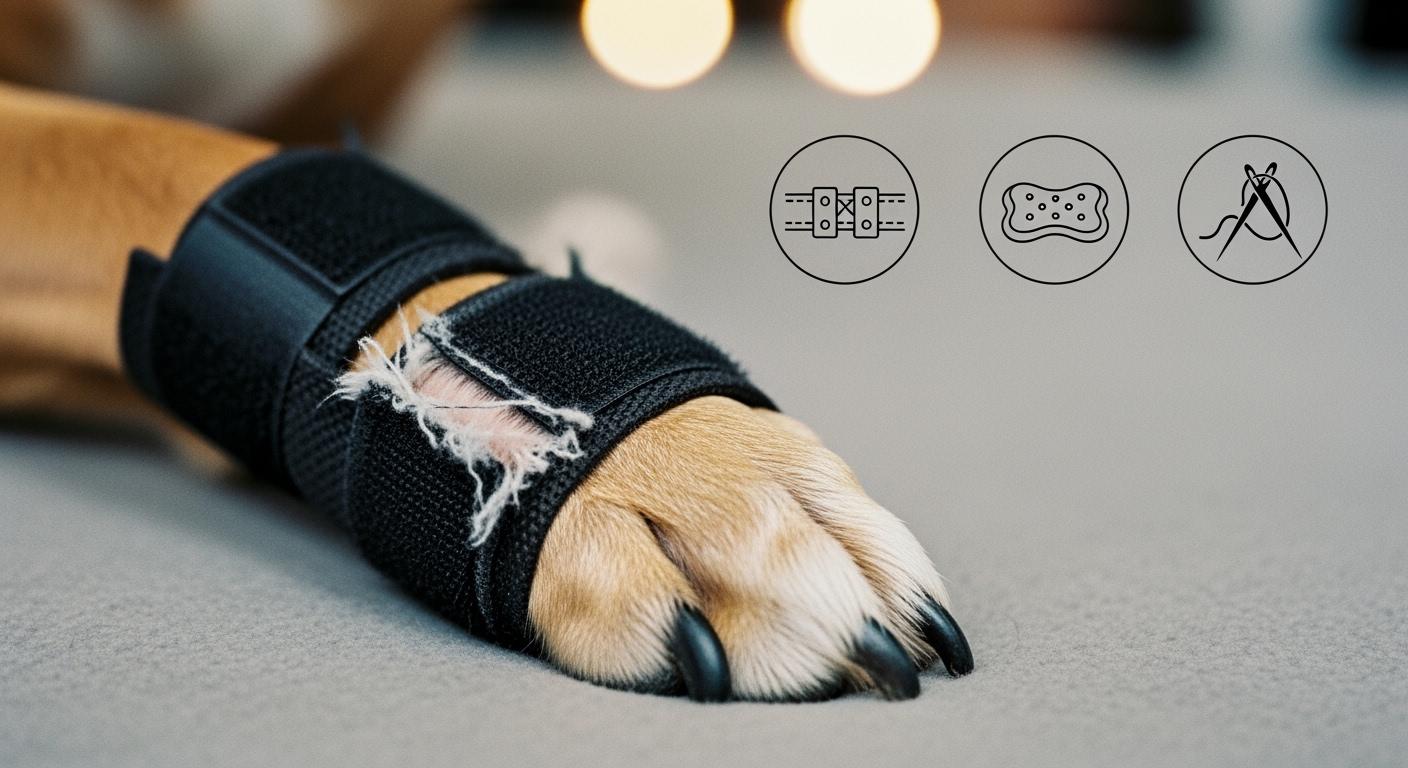 Dog with toe dragging brace showing strap position on leg