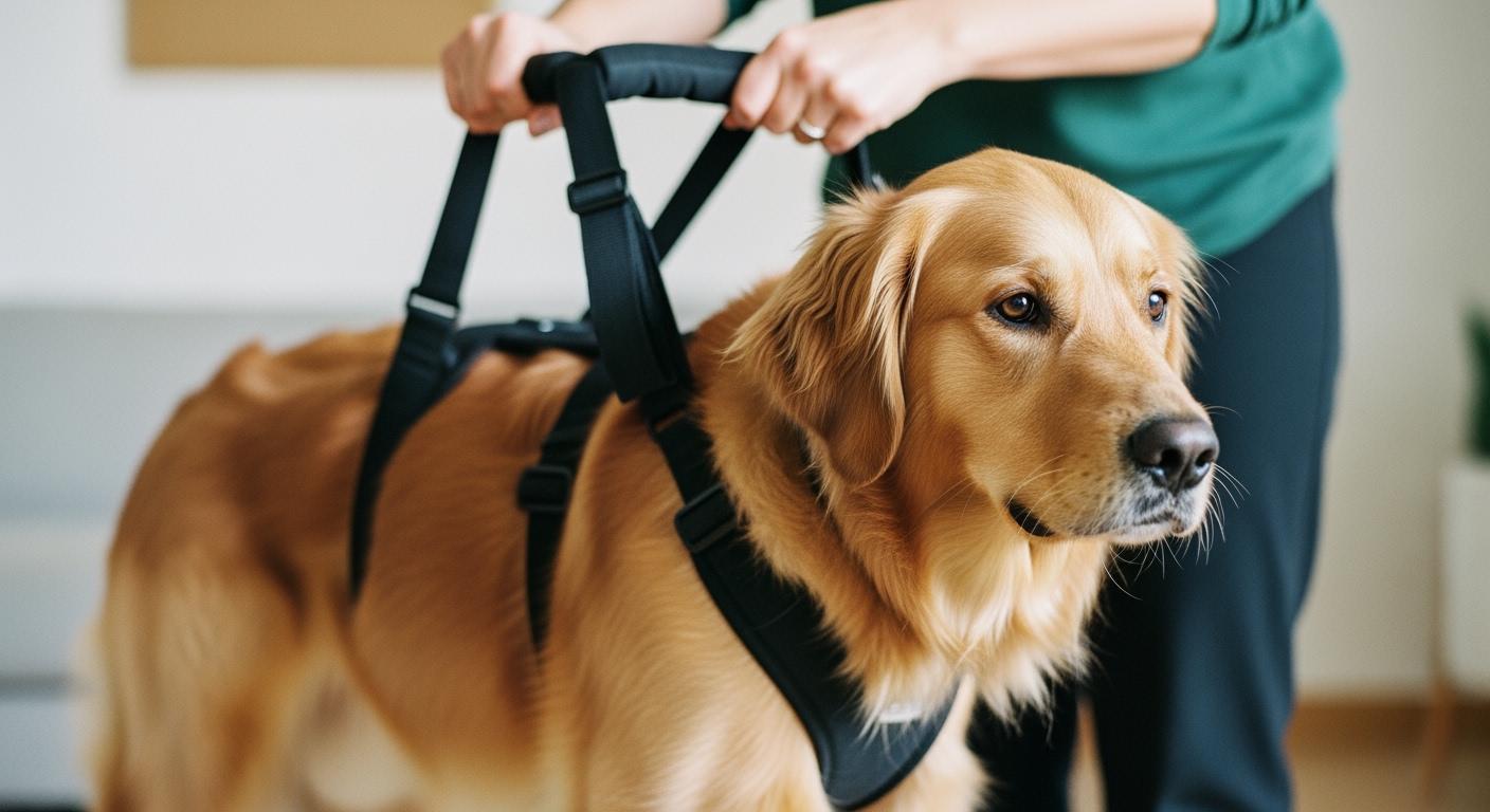 Dog lift harness with shoulder strap routing visible