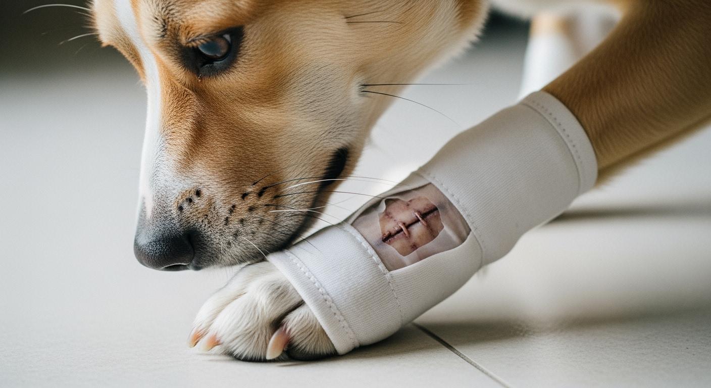 Dog front leg sleeve showing fabric edge near incision