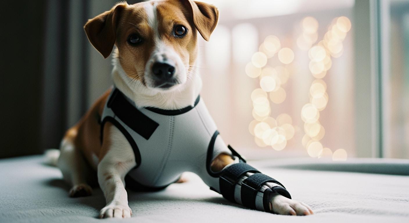 Small dog wearing a low-profile front leg brace with minimal strap bulk