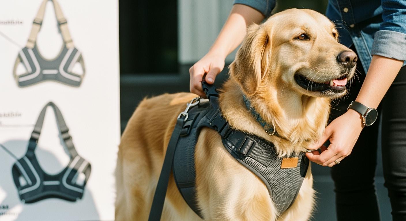 Dog in lift harness showing front strap position near armpit area