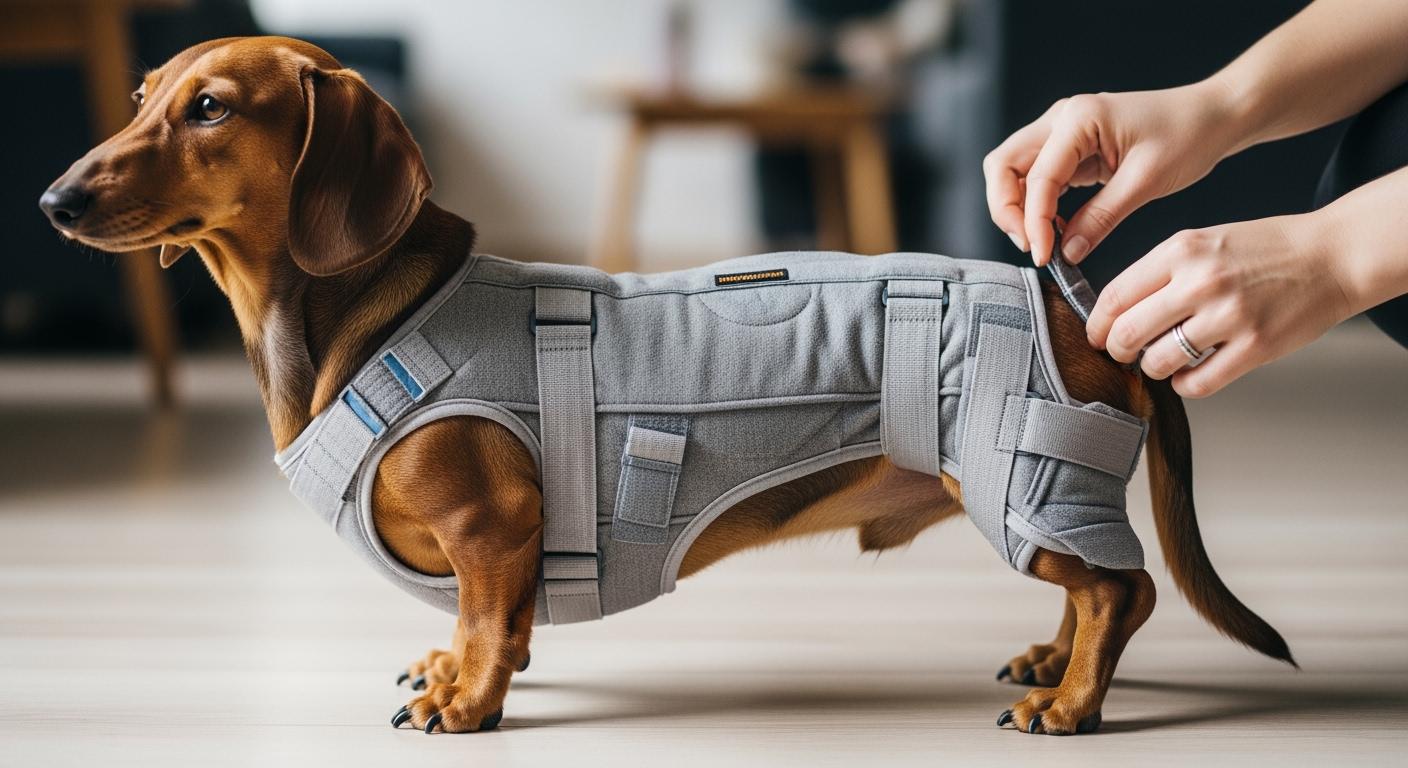 Dog back brace coverage gap visible at the lower back transition zone on a long-body breed
