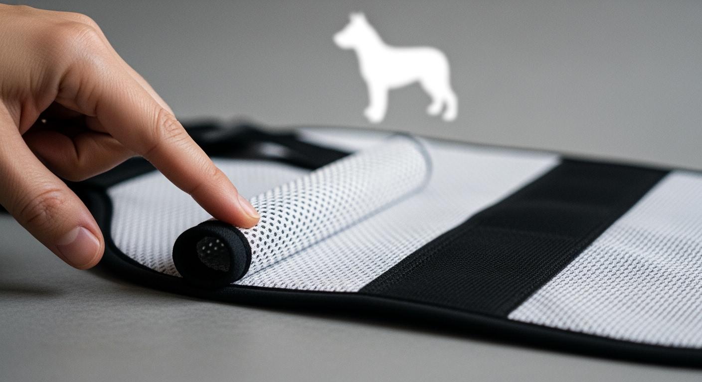 Dog wearing a back brace with mesh edge detail