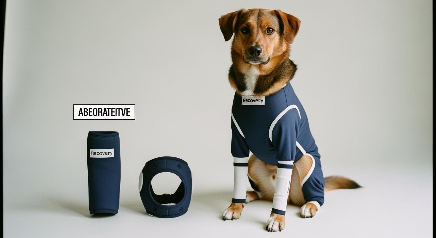 Dog resting in a recovery suit with visible front-leg opening