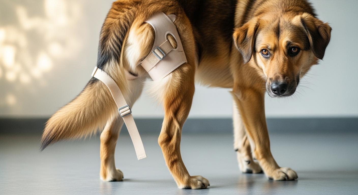 Dog wearing a hock brace that has shifted out of position on the rear leg