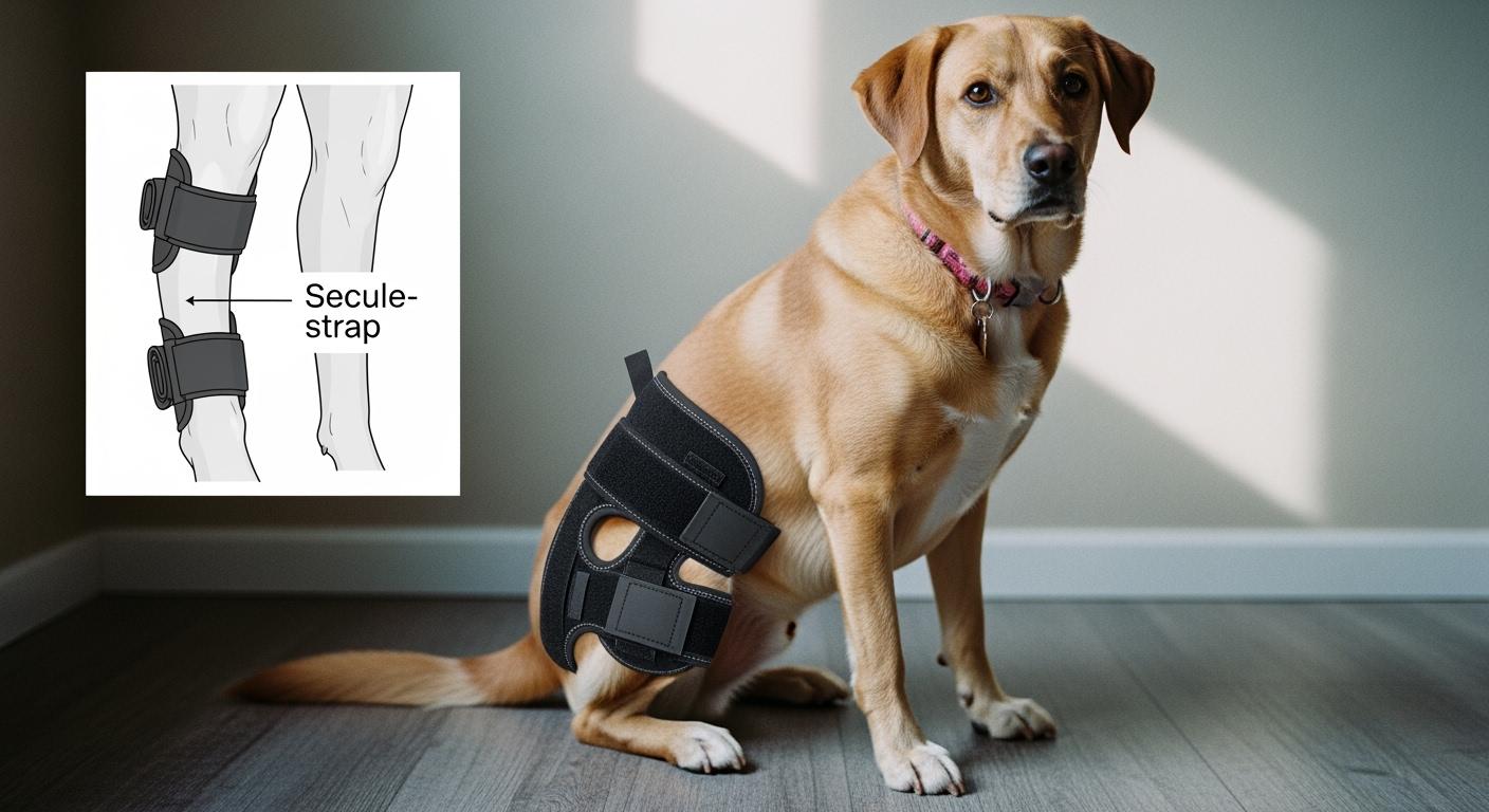 Dog wearing a knee brace with thigh strap during outdoor walk