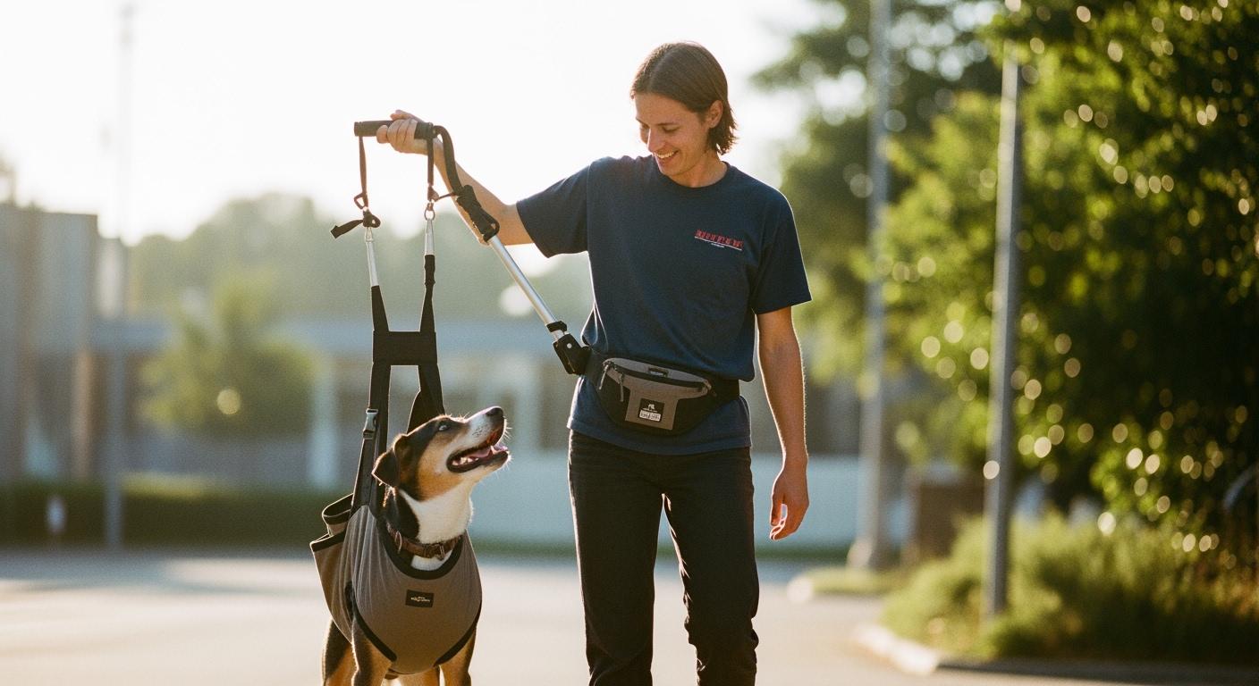Dog standing with handler adjusting rear lift sling handle height