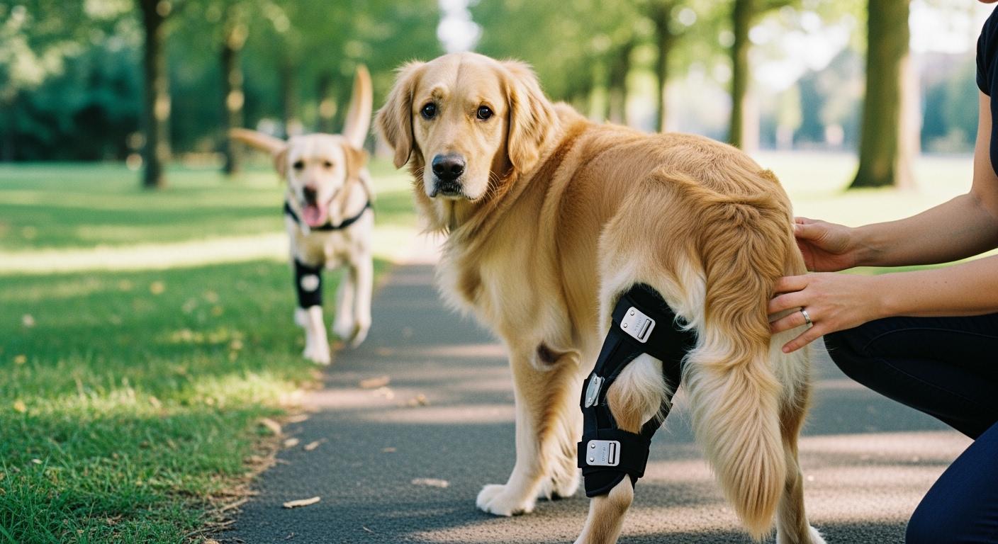 Dog wearing a knee brace with hinge alignment check during walk