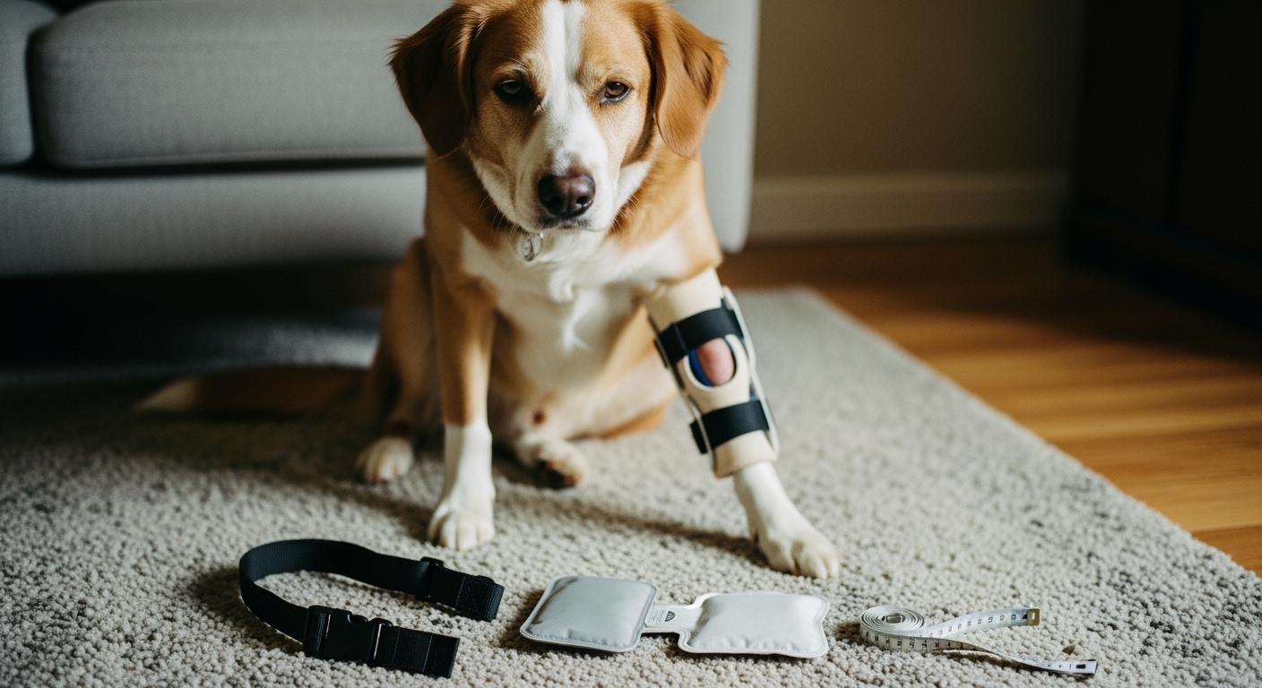 Dog wearing a knee brace with hot pack pocket over the stifle joint