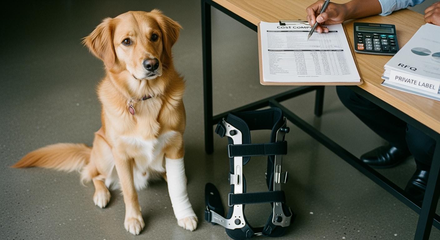 Dog wearing a knee brace during a gait and fit assessment