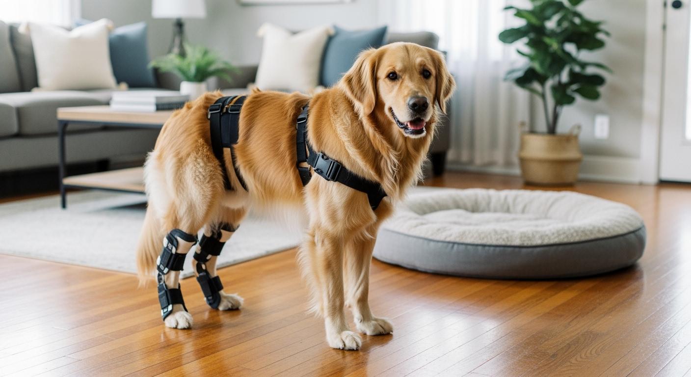 Double ACL dog brace with rear-body strap positioning