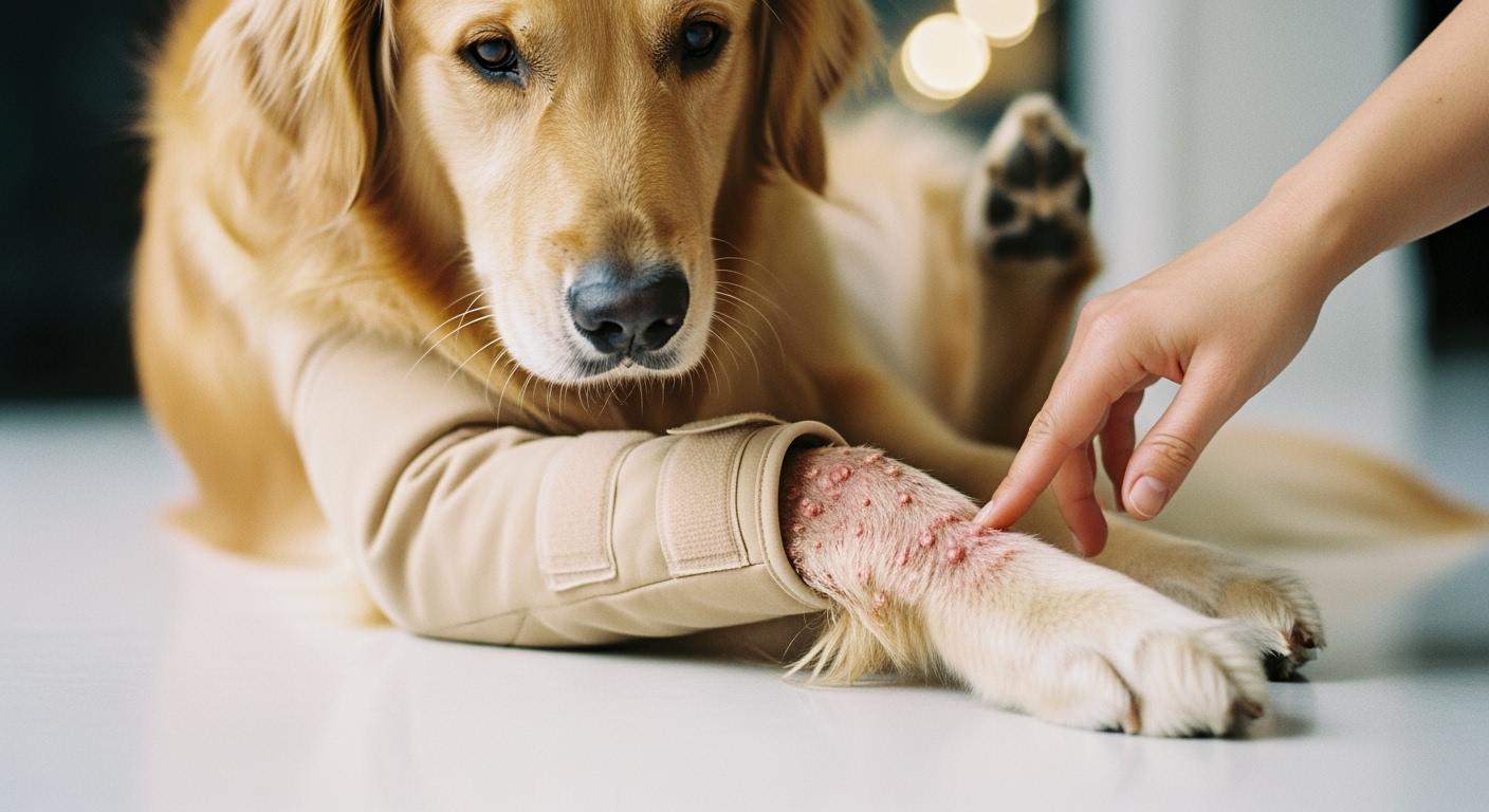 Dog wearing front leg sleeve