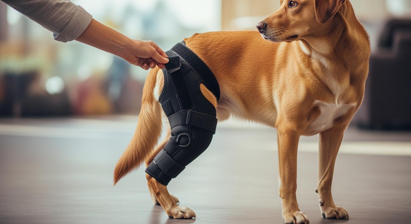 Dog wearing a hind leg knee brace positioned above the stifle joint