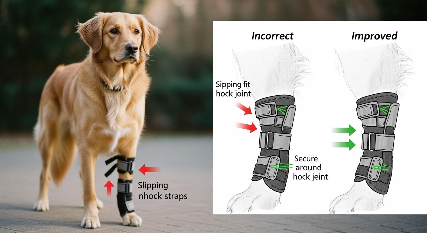 Dog hock brace positioned on rear leg showing potential sliding path toward paw