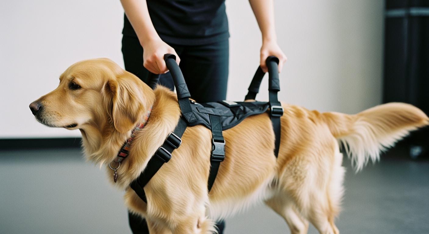 Dog in a full body lift harness with dual handles