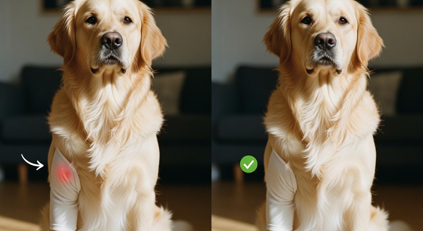 Dog wearing a front leg recovery sleeve