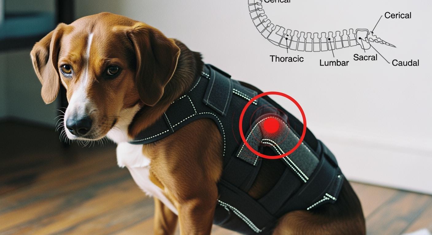Dog wearing a back brace with visible panel fold at mid-spine
