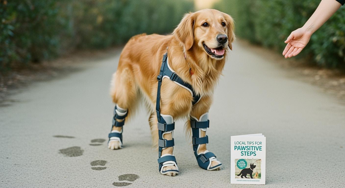 Dog wearing supportive front leg braces on both limbs
