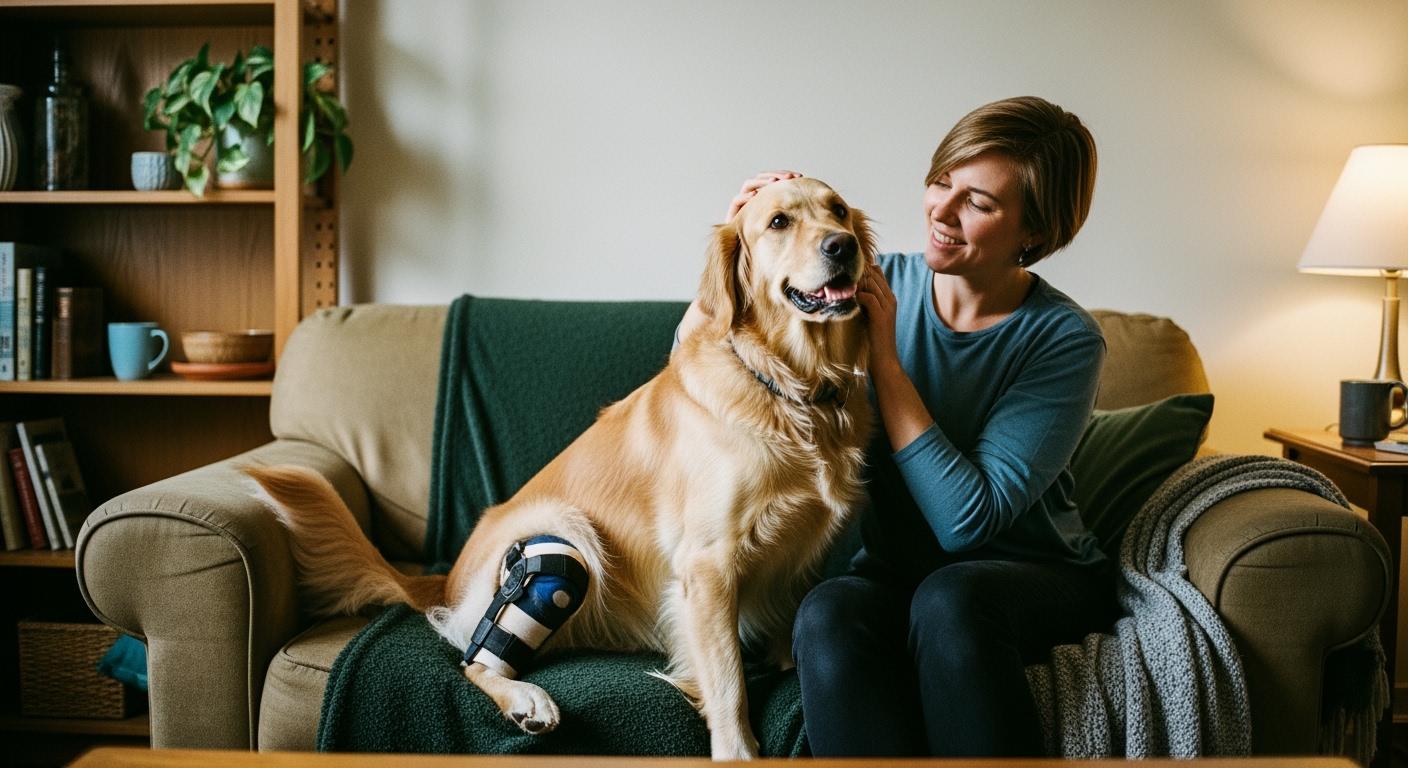 Dog wearing a knee brace during daily activity