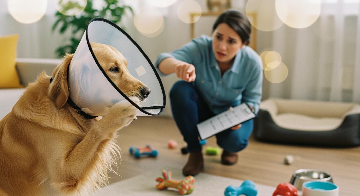 Dog wearing a mesh face protector outdoors