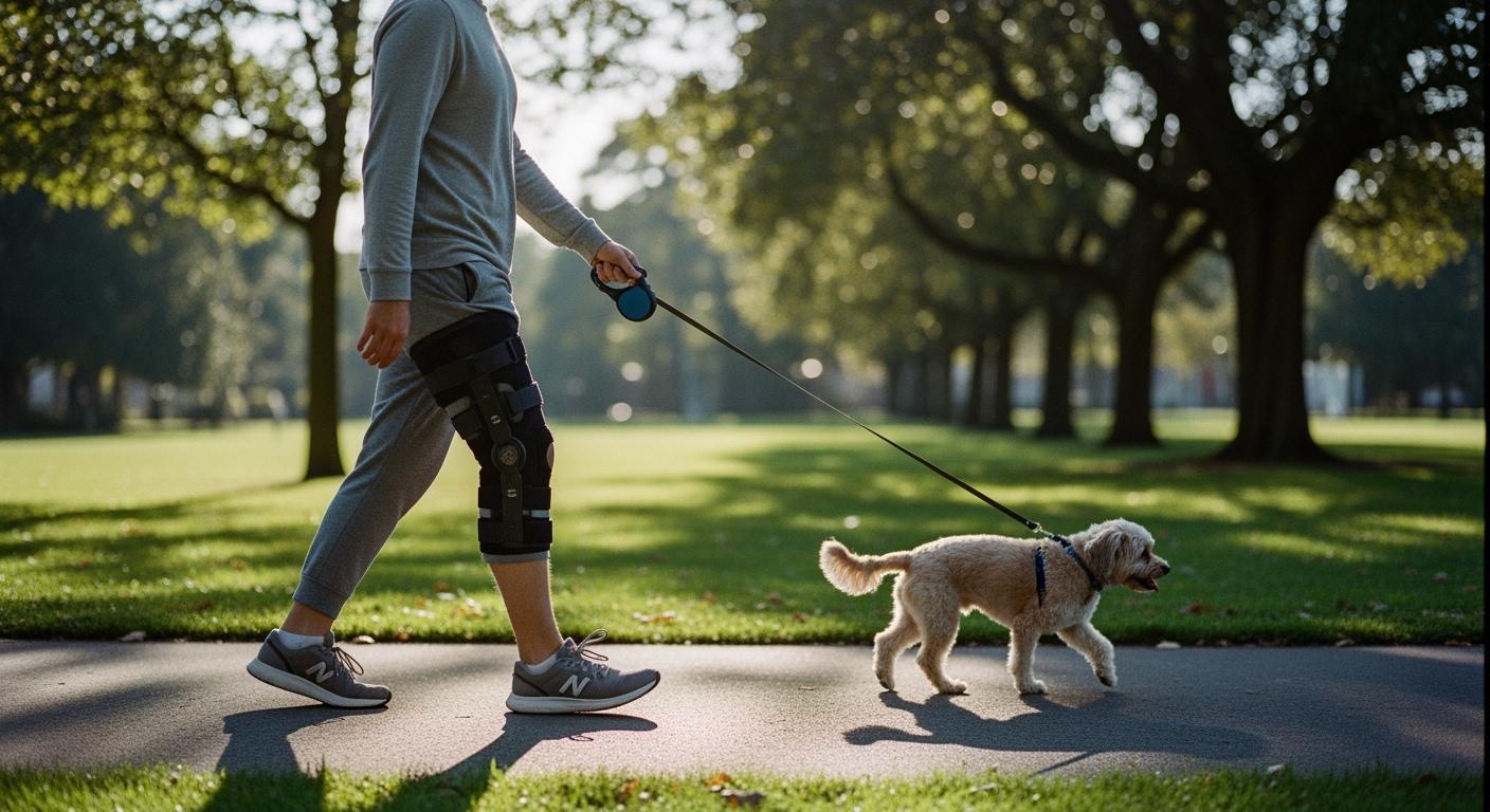 Dog wearing a luxating patella knee brace during a controlled flat-ground walk