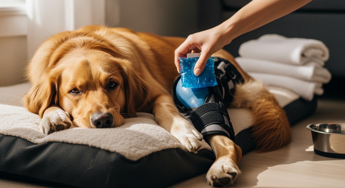 Dog with knee brace and cold pack for ACL support