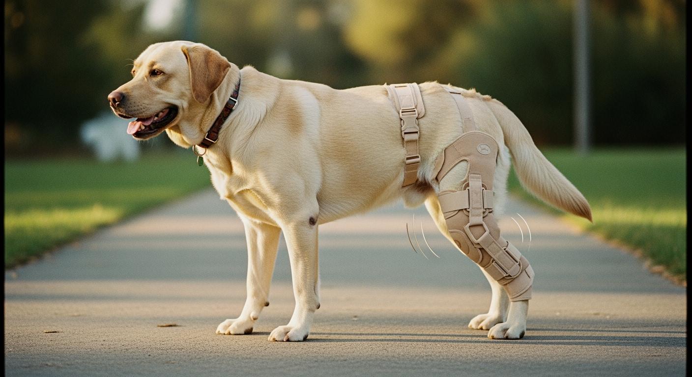 Dog ACL brace hinge alignment and anchor fit on hind leg