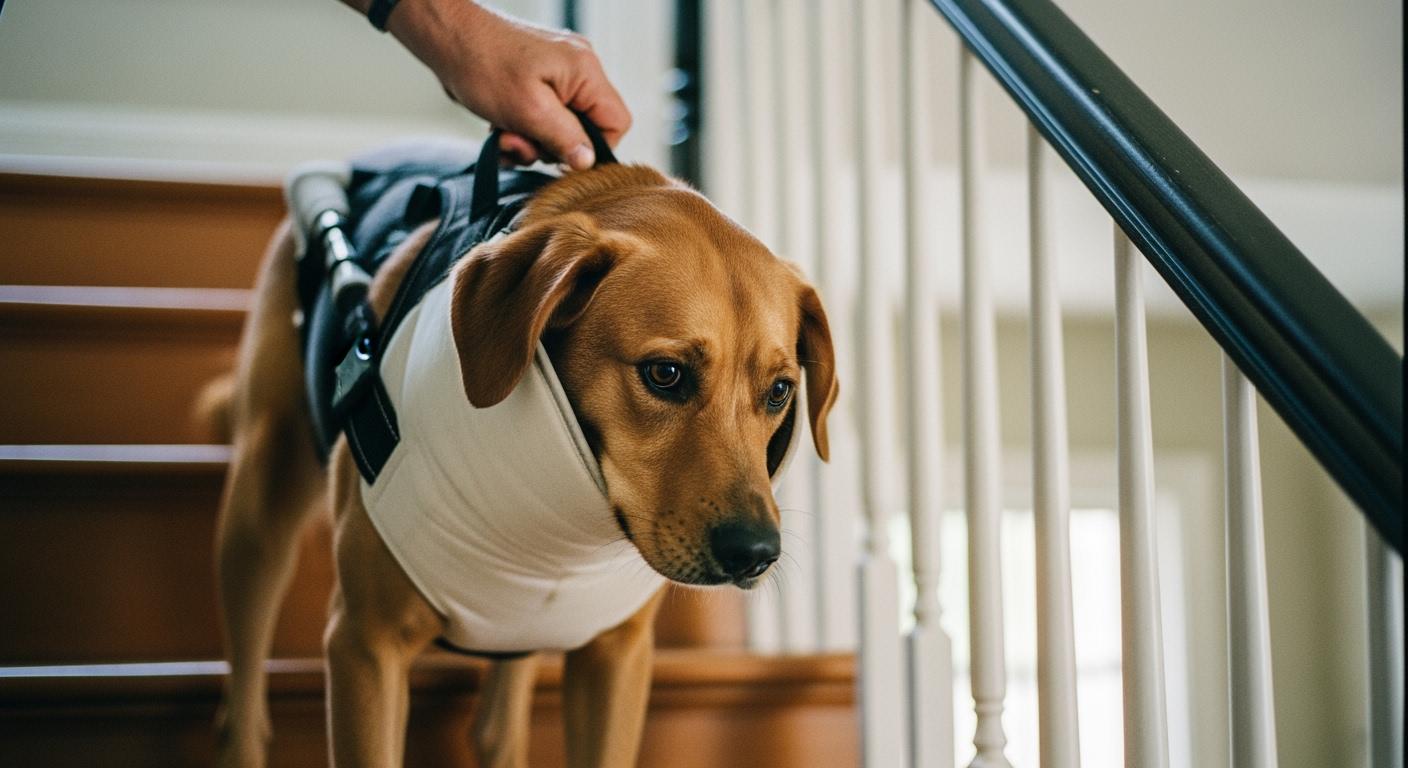 Dog wearing a front support harness descending stairs