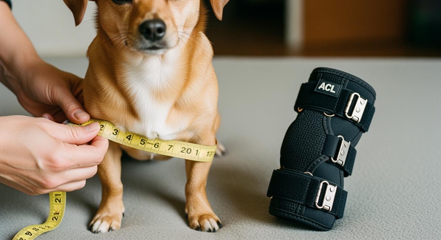 Small dog standing with knee brace on hind leg for fit evaluation