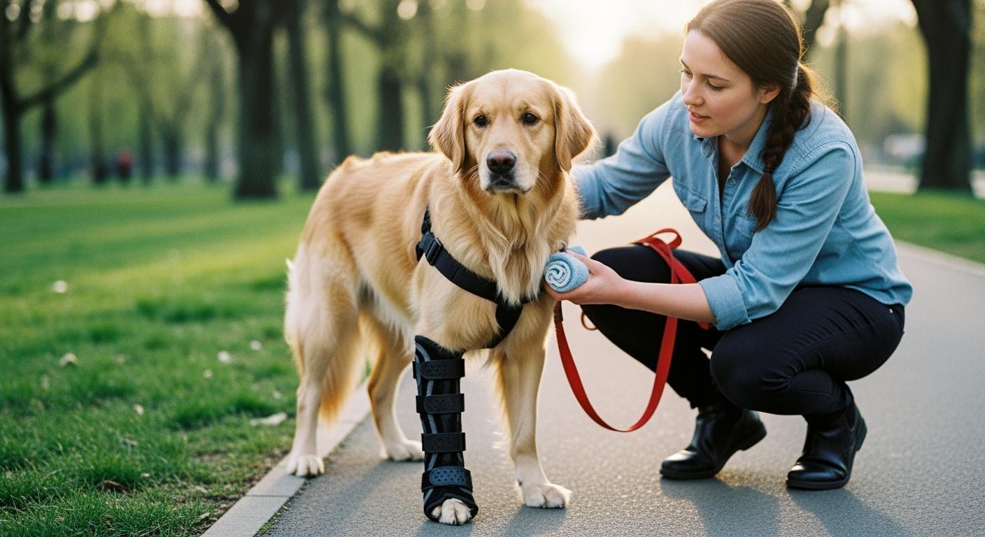 Dog wearing a carpal brace on front leg