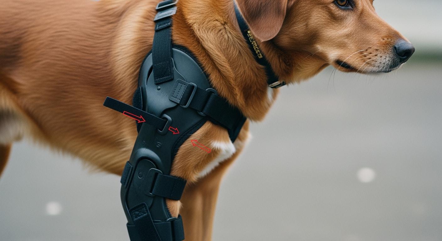 Dog wearing a leg brace with support straps