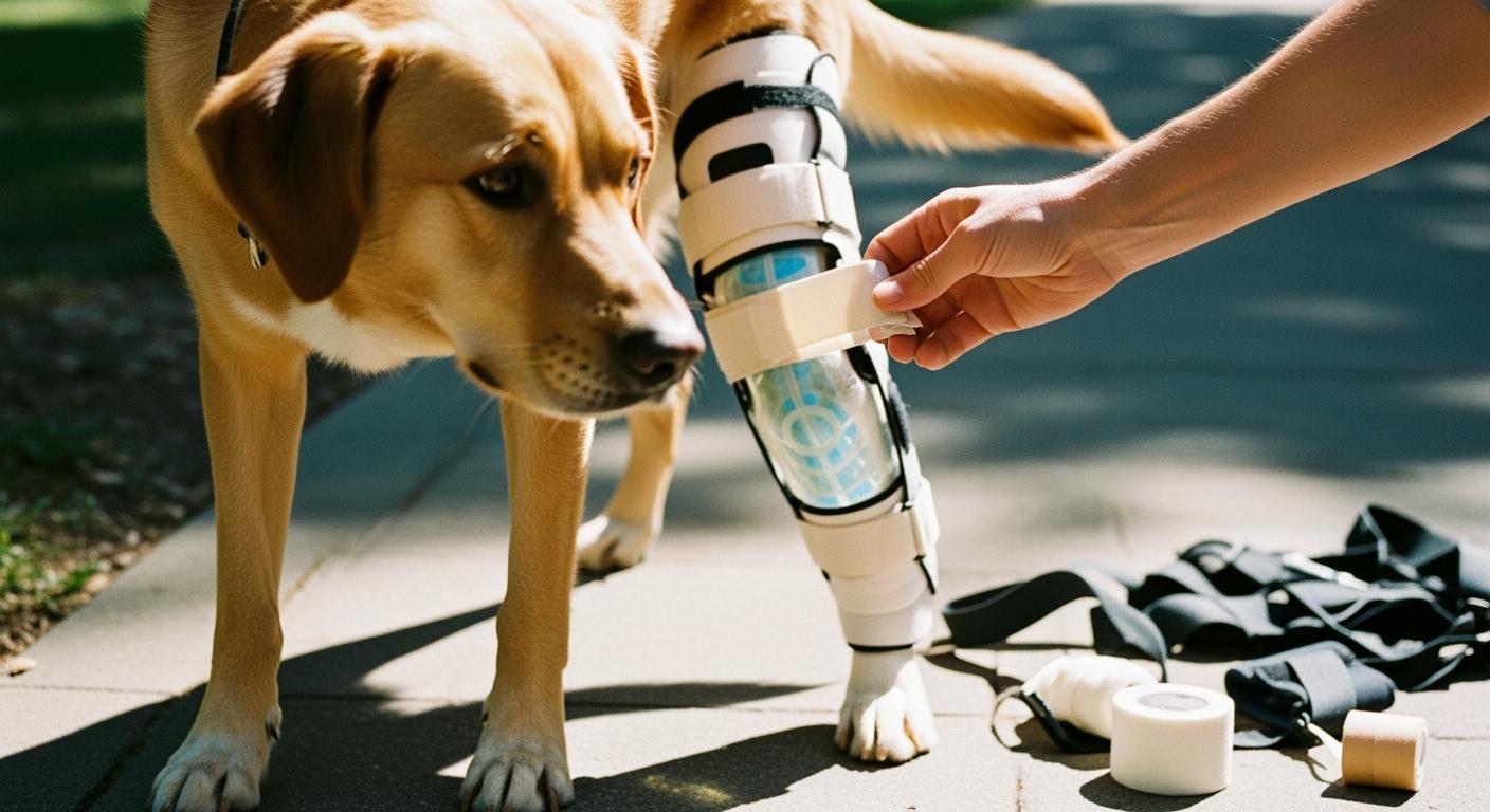 Dog wearing a knee brace with gel pack pocket visible on the leg