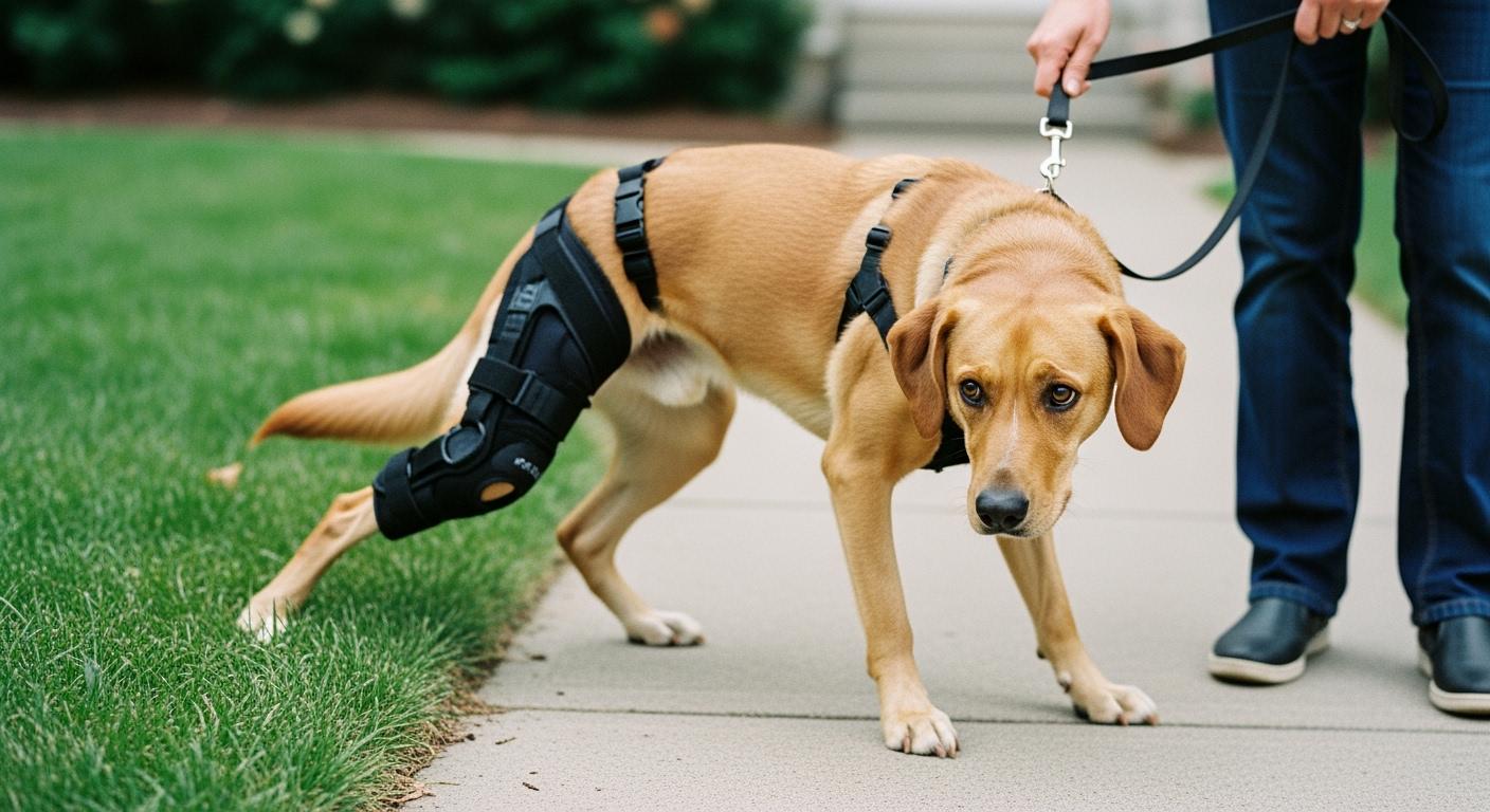 Dog wearing a knee brace during a short outdoor walk