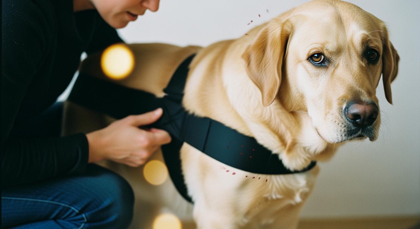 Large dog with narrow lift sling belly band pressing into abdomen